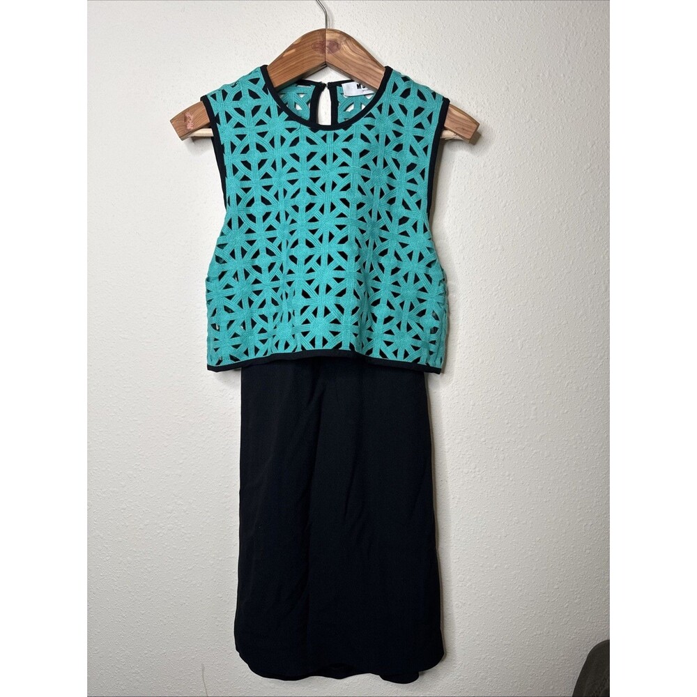 MSGM Black Green Teal Crochet Knit Sheath Sleeveless Dress 42 Italy Designer